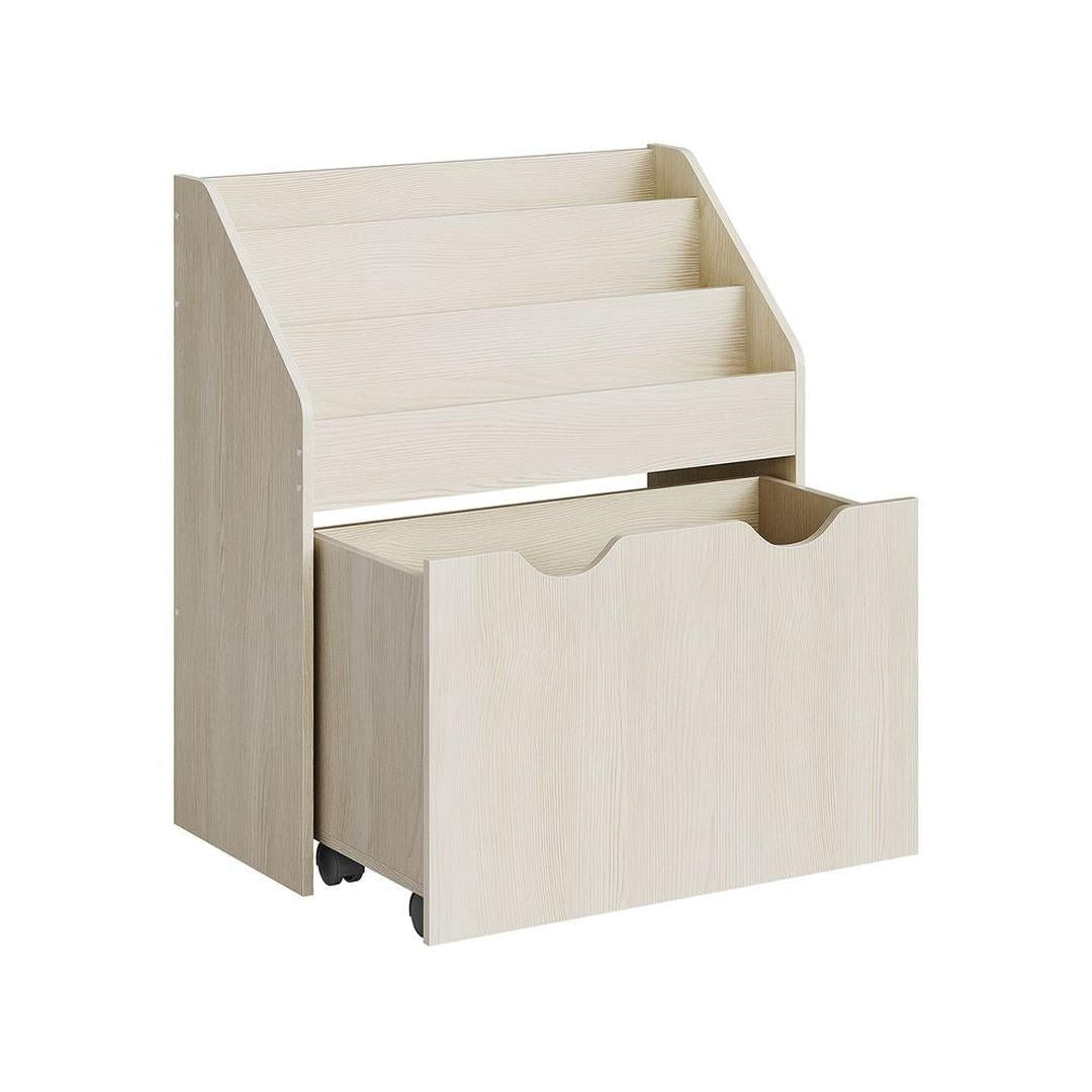 Kinder Speelgoedrek met Wielen – Opbergkast met 3 Legplanken en Uittrekbare Bak voor Boeken en Speelgoed