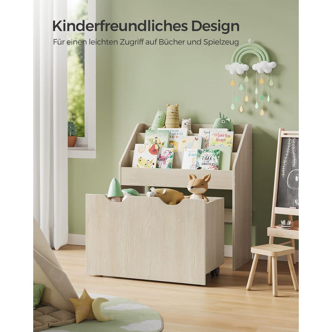 Kinder Speelgoedrek met Wielen – Opbergkast met 3 Legplanken en Uittrekbare Bak voor Boeken en Speelgoed