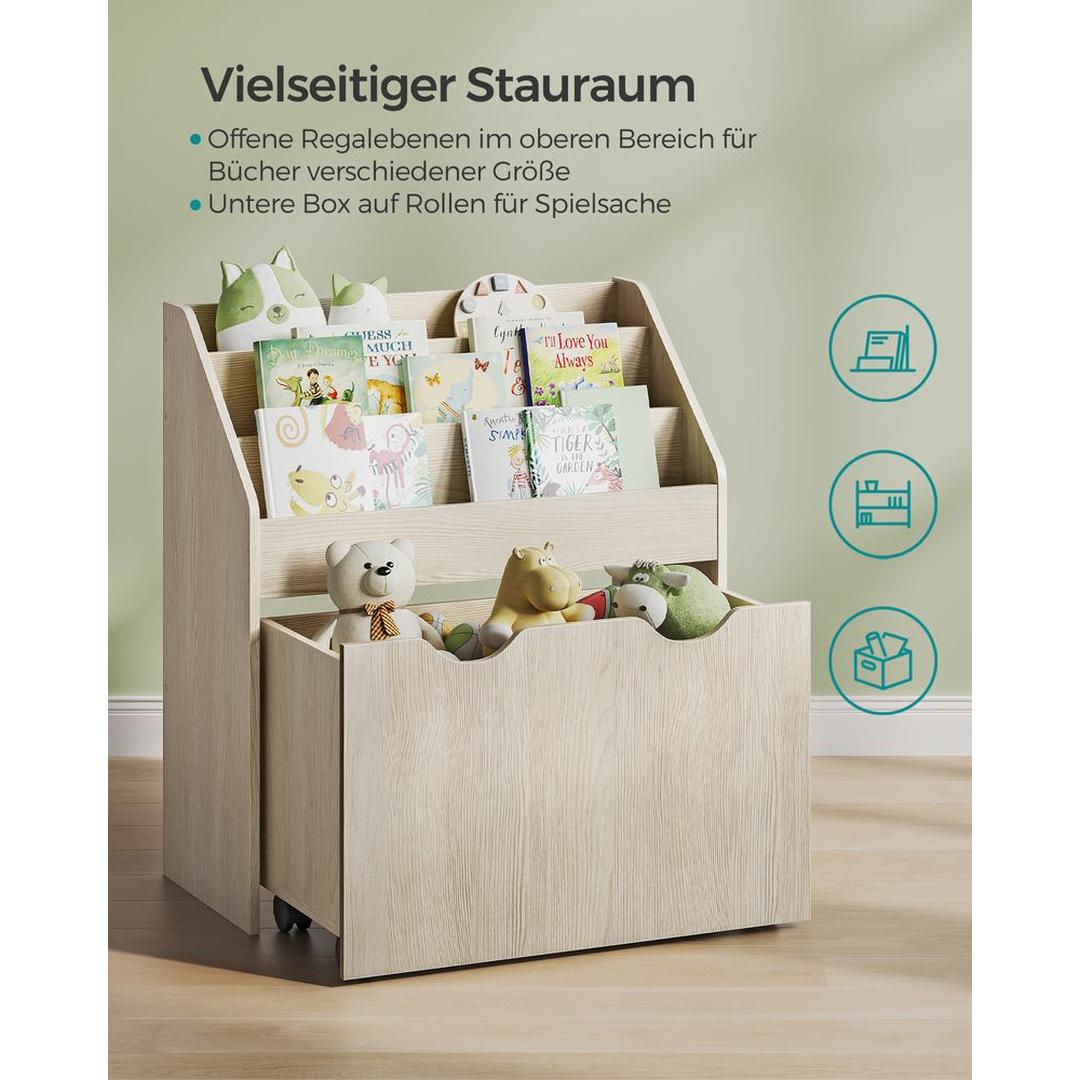 Kinder Speelgoedrek met Wielen – Opbergkast met 3 Legplanken en Uittrekbare Bak voor Boeken en Speelgoed