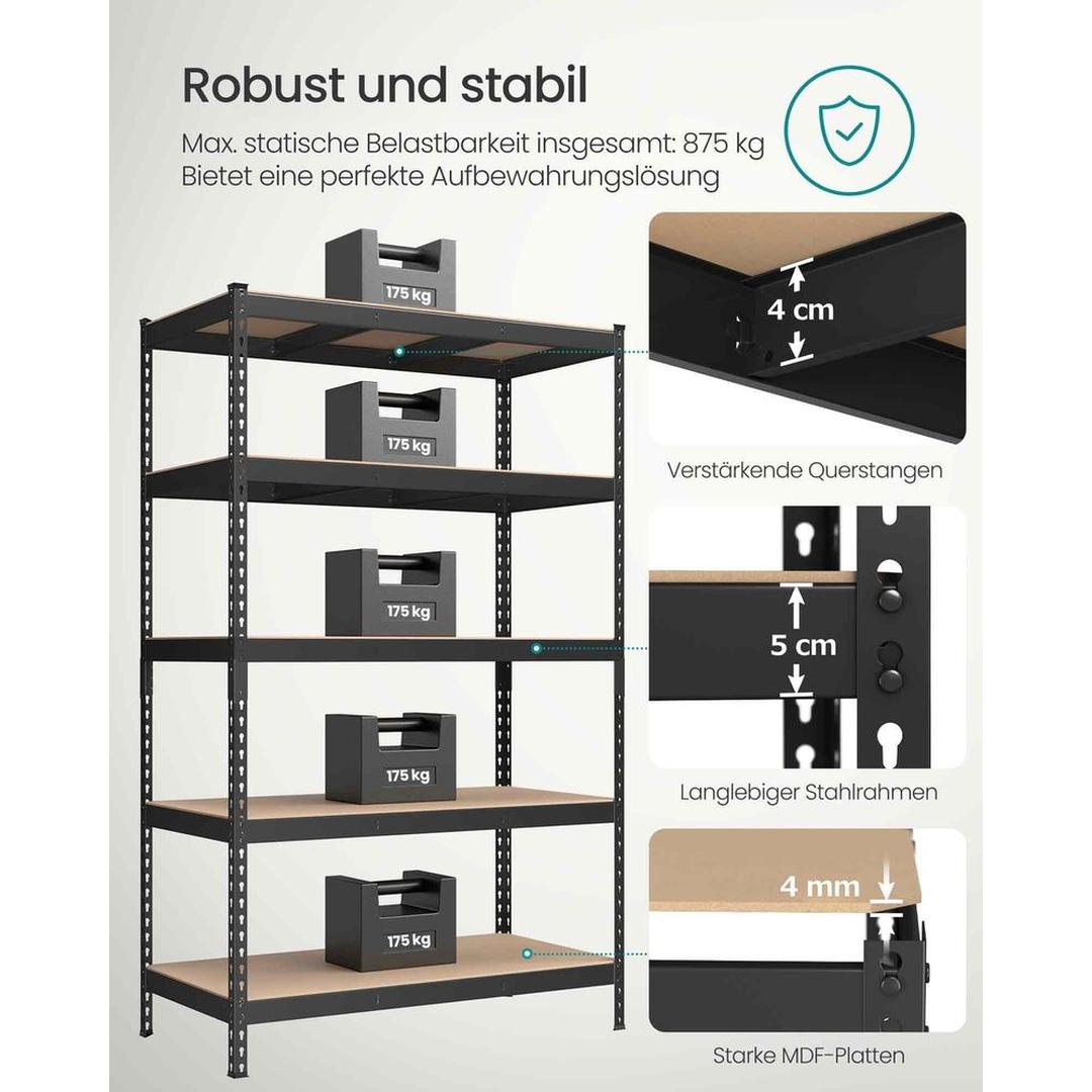 Zwart Zwaar Uitgevoerd Stellingrek met 5 Legplanken – 60 × 120 × 180 cm – Stevig Opbergrek voor Garage of Werkplaats