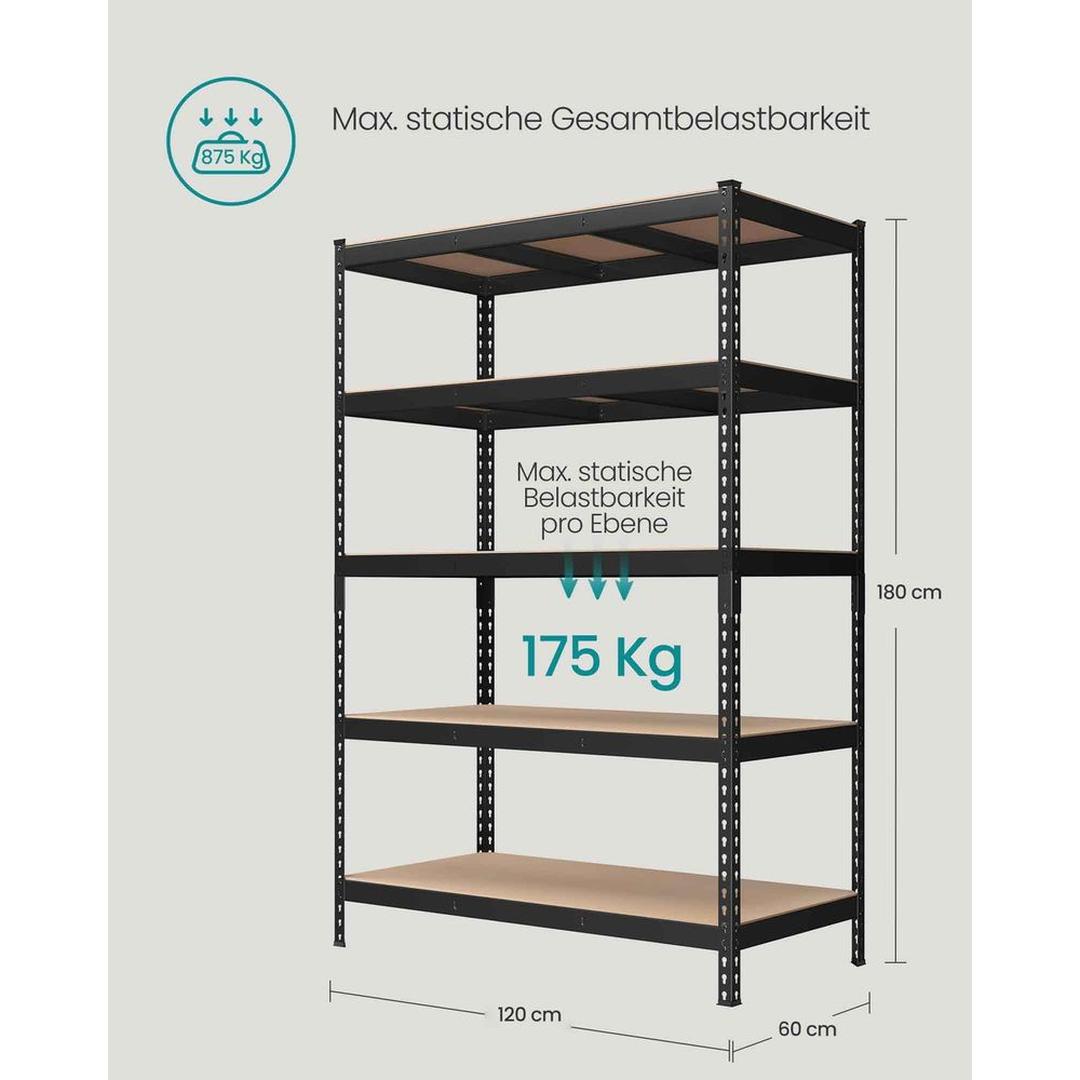 Zwart Zwaar Uitgevoerd Stellingrek met 5 Legplanken – 60 × 120 × 180 cm – Stevig Opbergrek voor Garage of Werkplaats