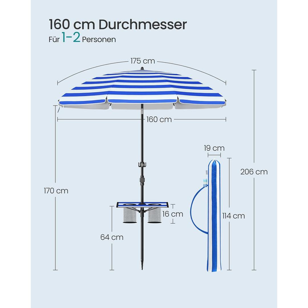 Strandparasol met opbergvak – Ø160 of 200 cm – verstelbaar 158-206 cm – UPF 50+ UV-bescherming – incl. draagtas