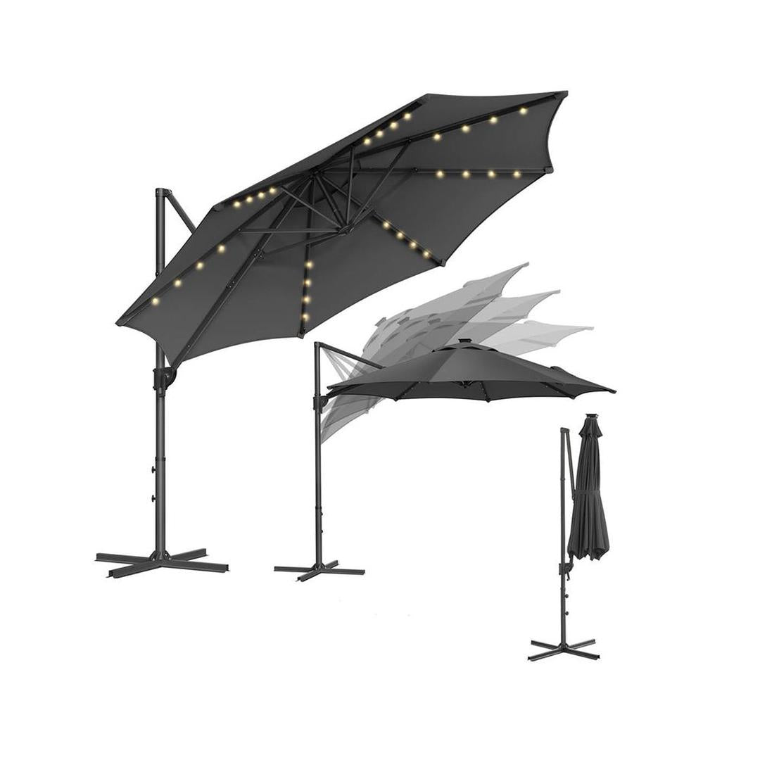 Zweefparasol Ø300 cm met LED-verlichting – 360° draaibaar en kantelbaar – UPF 50+ – met slinger en kruisvoet