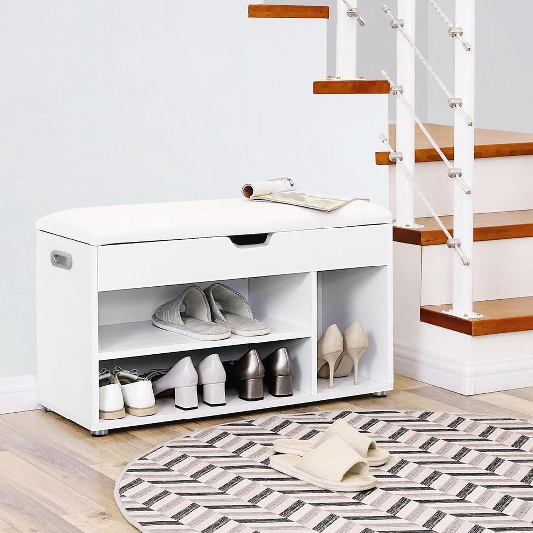 Gestoffeerde Schoenenbank met 3 Vakken – Zitbank met Opbergruimte en Comfortabel Zitkussen, 80 cm Breed