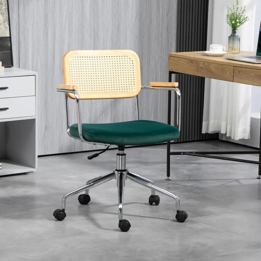 Bureaustoel groen – draaistoel in boho-stijl met houten armleuningen, verstelbaar, stalen frame, max. 120 kg belastbaar