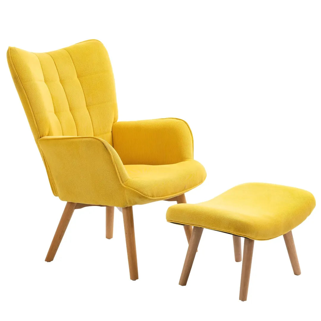Fauteuil met Hocker – Relaxstoel in Cordstof met Armleuningen en Houten Poten, Grijs, voor Woonkamer