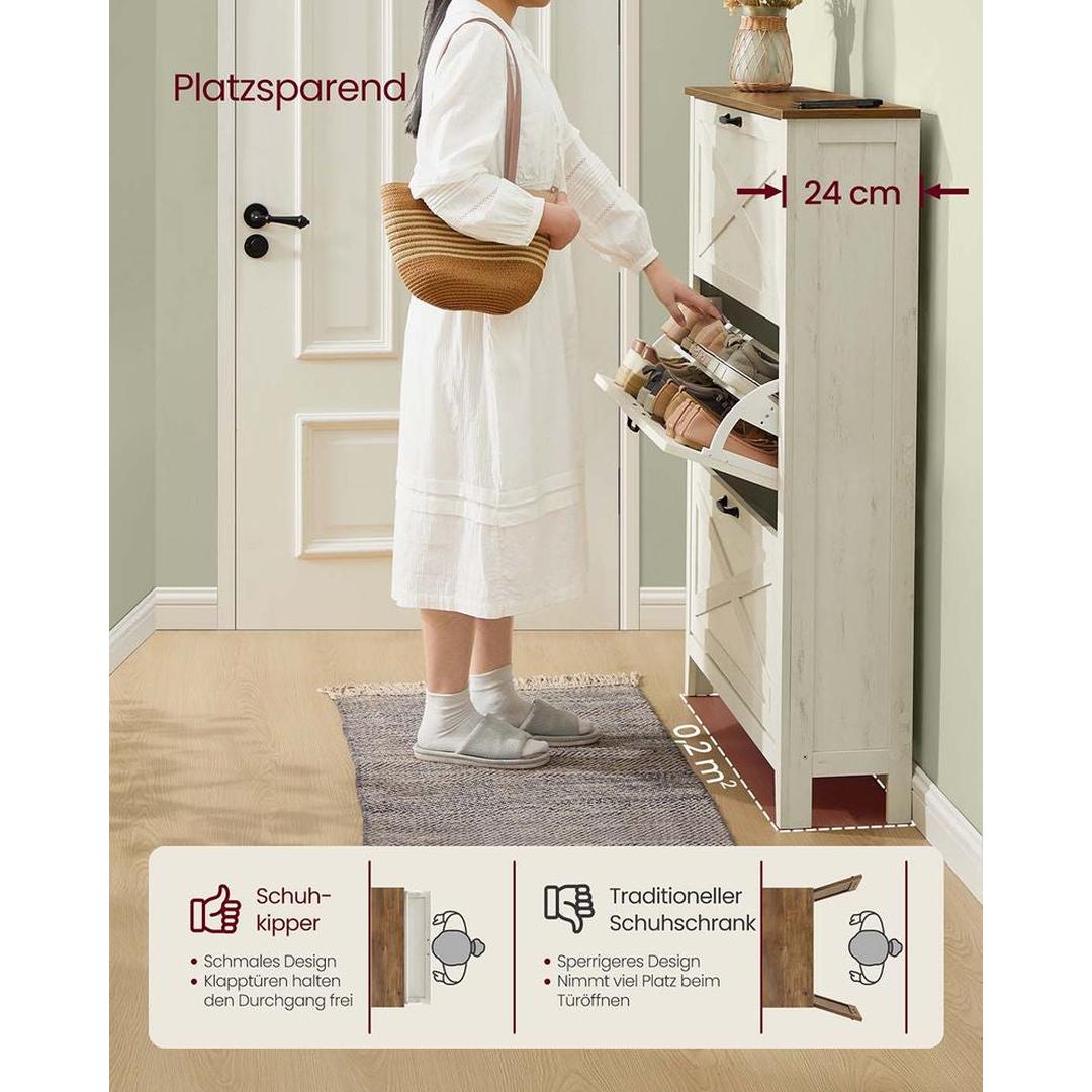 Schoenenkast met Kleppen in Landelijke Stijl – Vrijstaande Schoenenopberger met 3 Uitklapvakken en Bovenblad