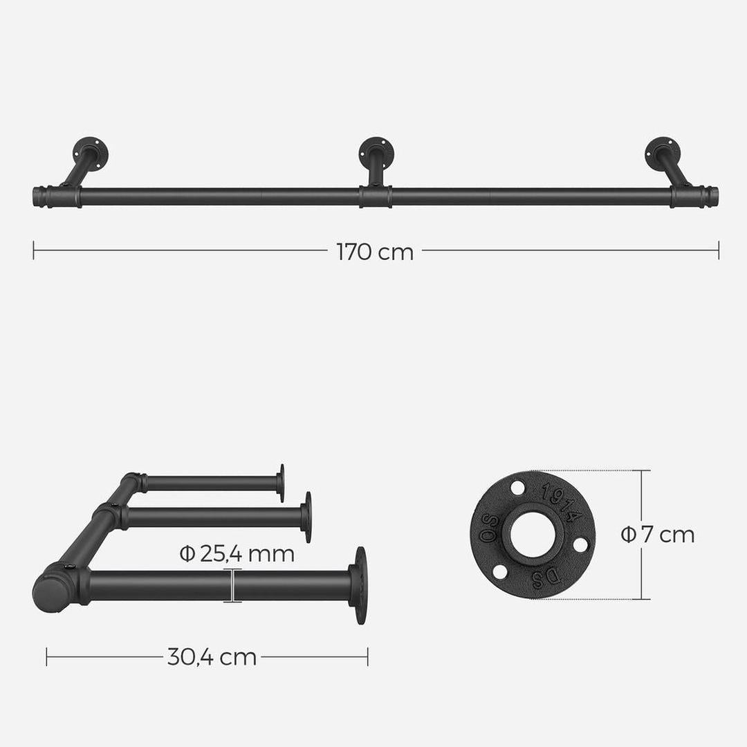 Wandgemonteerde Kledingstang – 170 cm Breed – Metalen Ophangstang voor Kleding en Jassen