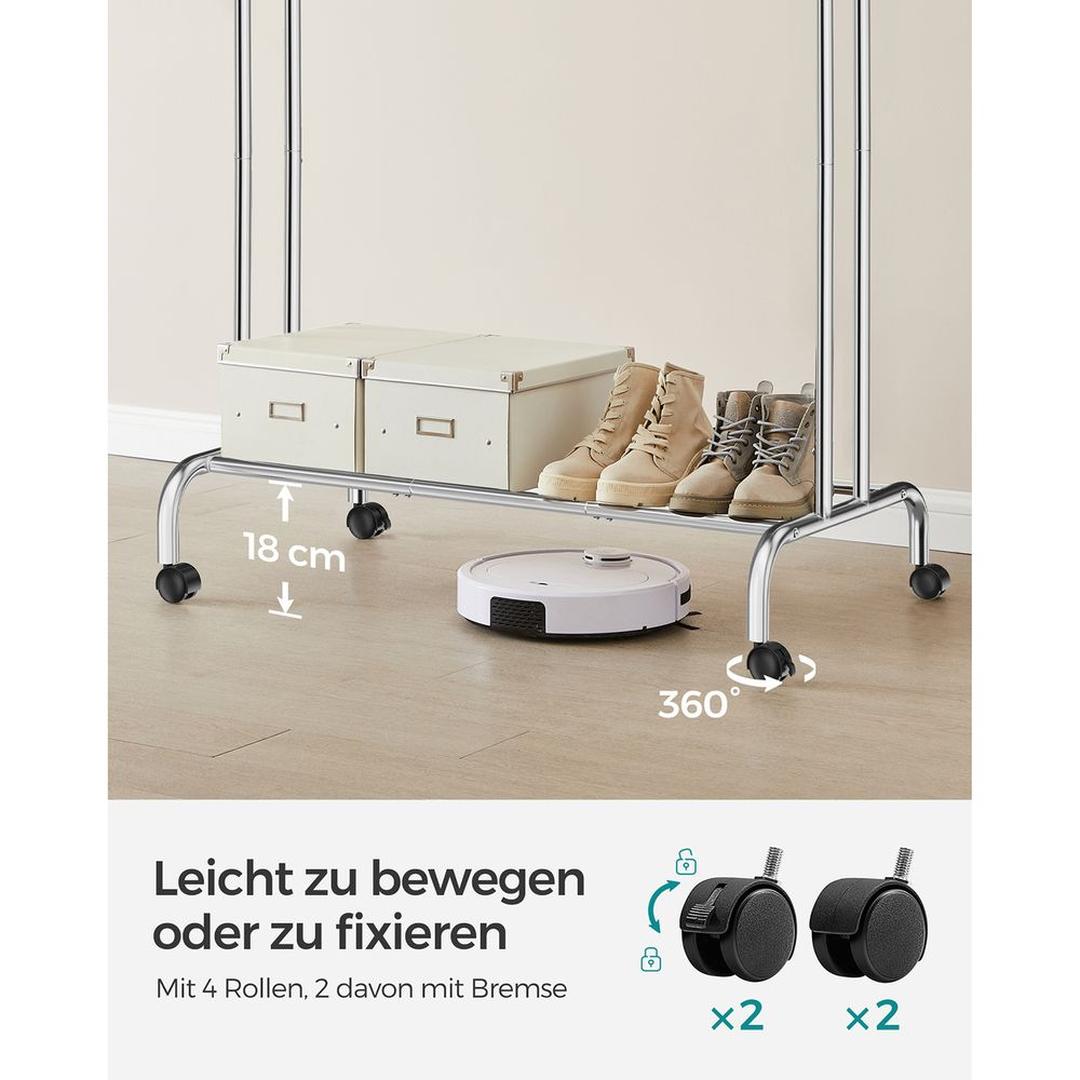 Verrijdbaar Kledingrek met Twee Ophangstangen – Zwart Dubbel Rek op Wielen voor Kledingopslag