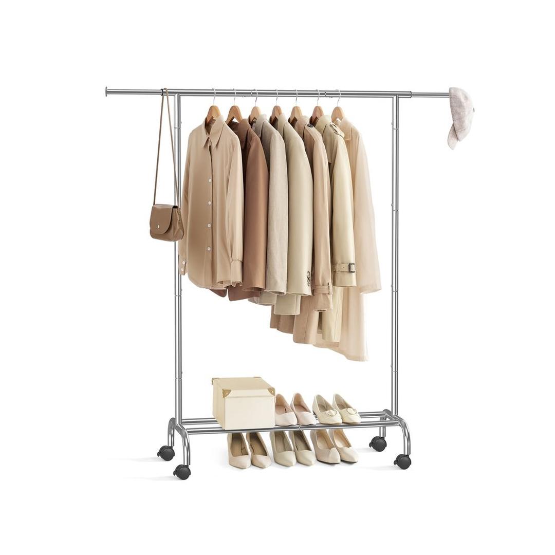 Verrijdbaar Kledingrek met Uitschuifbare Hangstang – Garderoberek op Wielen met Opbergstangen in Duifgrijs