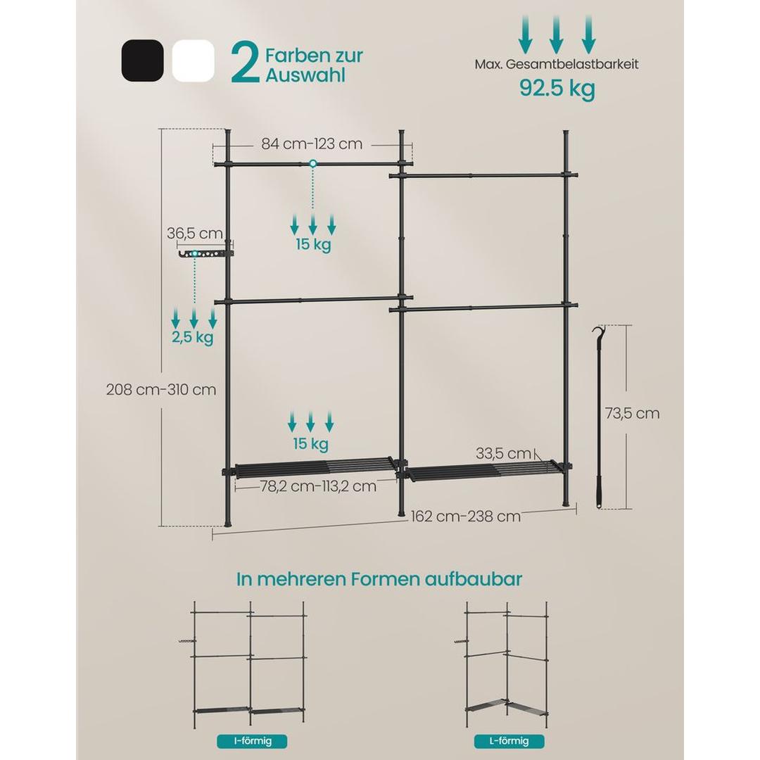 Verstelbaar Kledingrek in Breedte en Hoogte – 33,5 × 162–238 × 208–310 cm – Flexibele Opbergoplossing voor Kleding
