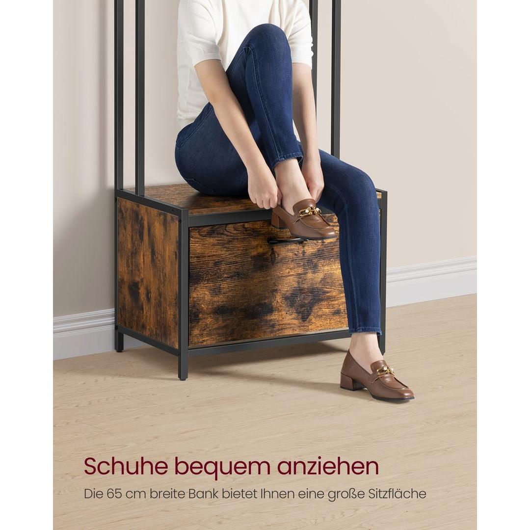 Kapstok met schoenenkast en bank – vintage bruin-zwart – 7 haken, klepcompartiment en plank – draagkracht 100 kg