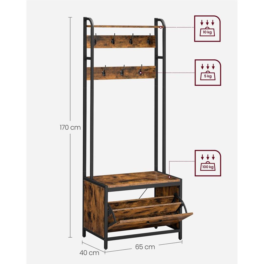 Kapstok met schoenenkast en bank – vintage bruin-zwart – 7 haken, klepcompartiment en plank – draagkracht 100 kg