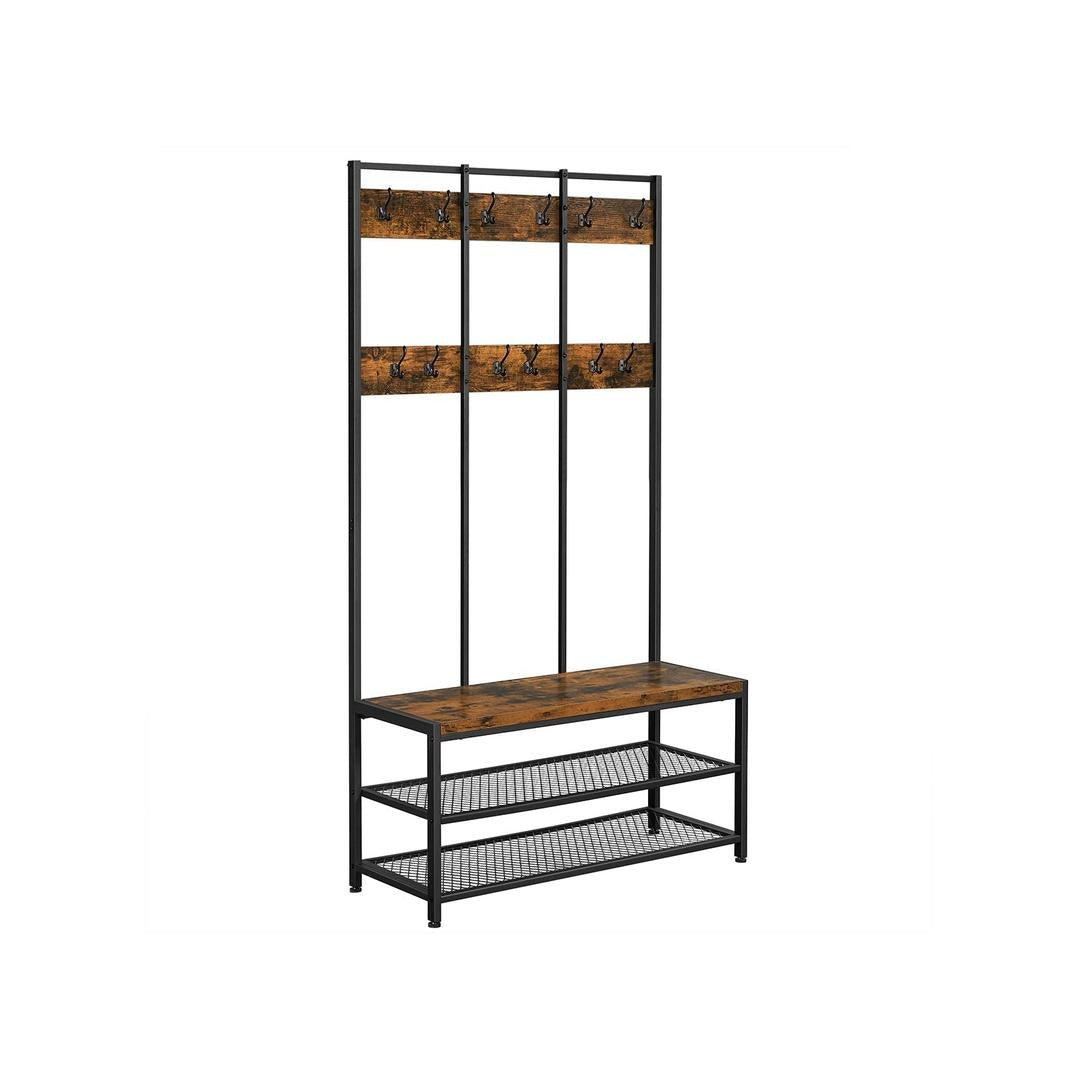 Industriële garderobe met schoenenbank – zwart stalen frame en houtlook – 12 haken en 2 roosters – zitvlak 30 mm