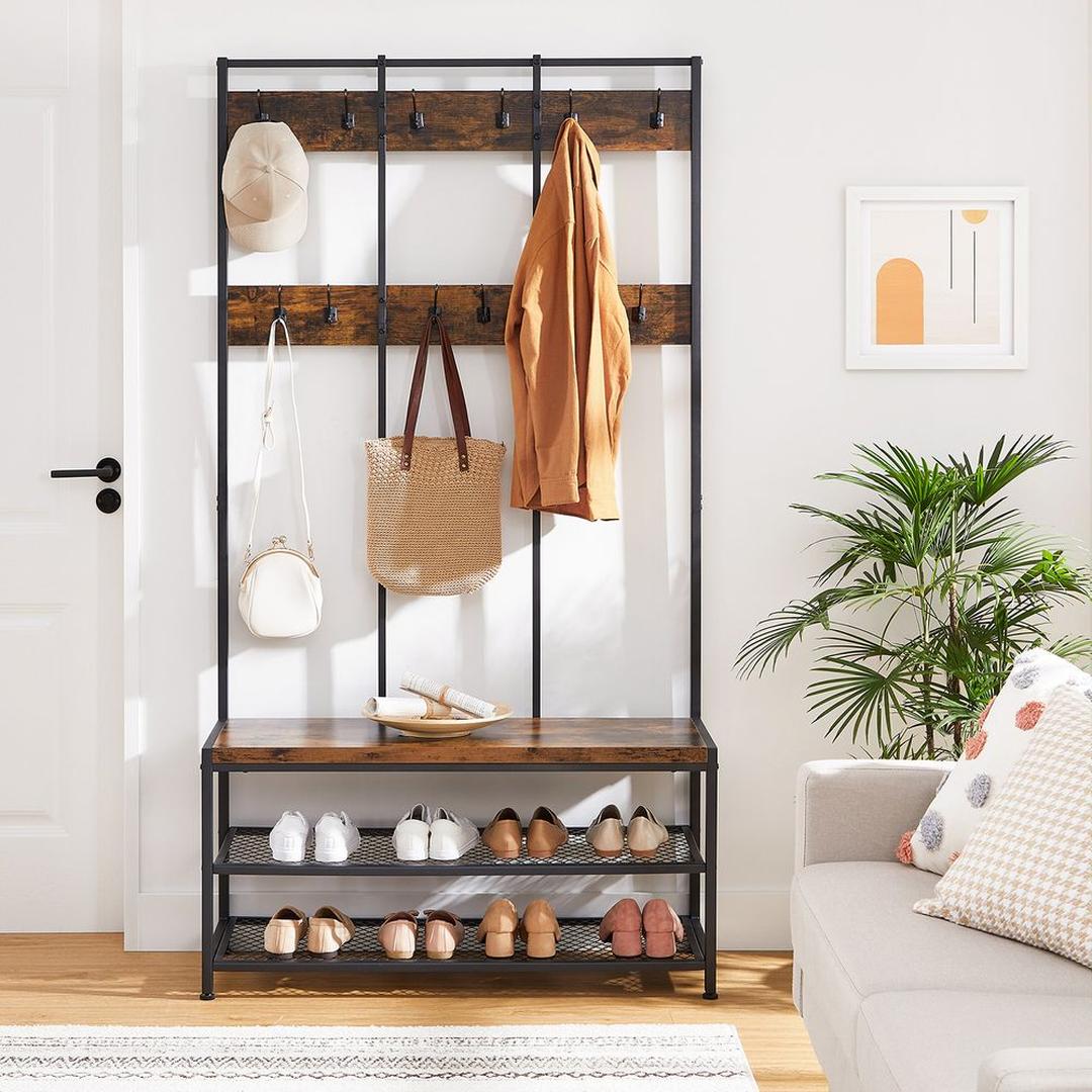 Industriële garderobe met schoenenbank – zwart stalen frame en houtlook – 12 haken en 2 roosters – zitvlak 30 mm