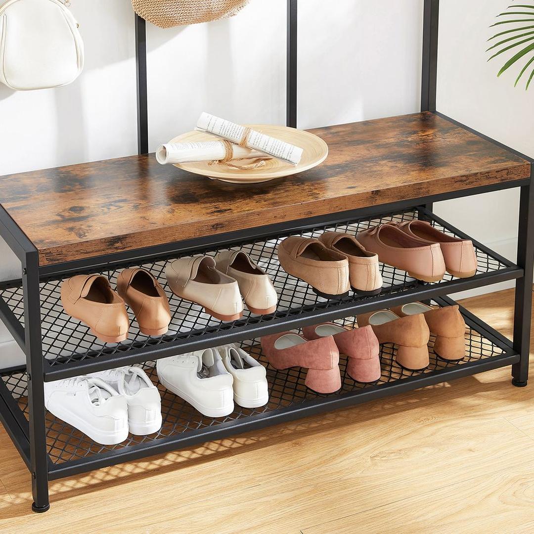 Industriële garderobe met schoenenbank – zwart stalen frame en houtlook – 12 haken en 2 roosters – zitvlak 30 mm