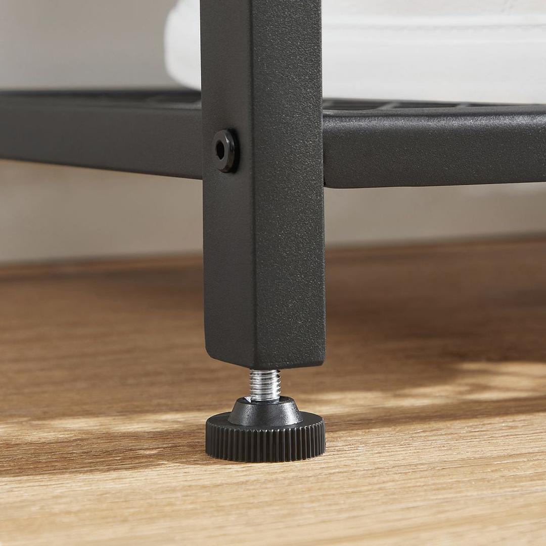 Industriële garderobe met schoenenbank – zwart stalen frame en houtlook – 12 haken en 2 roosters – zitvlak 30 mm