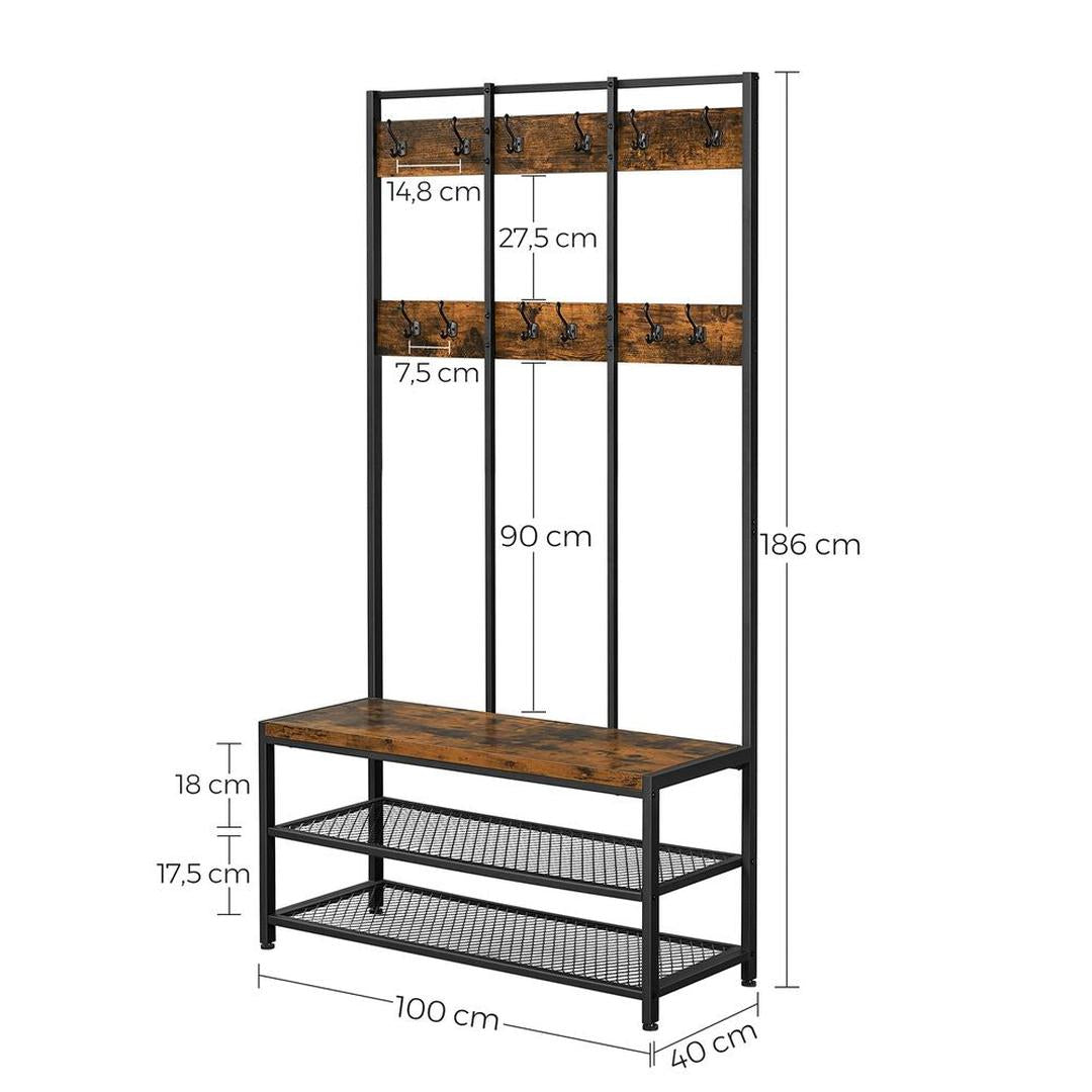 Industriële garderobe met schoenenbank – zwart stalen frame en houtlook – 12 haken en 2 roosters – zitvlak 30 mm