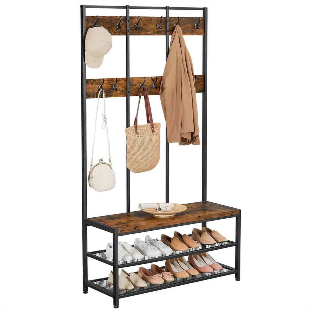 Industriële garderobe met schoenenbank – zwart stalen frame en houtlook – 12 haken en 2 roosters – zitvlak 30 mm
