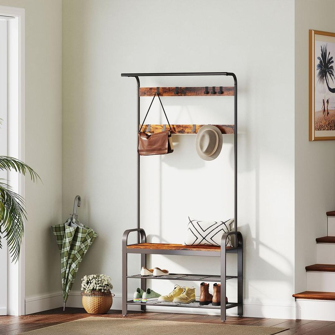 Kapstok met 9 Haken en Schoenenrek – Halmeubel met Zitbank, Opbergplateau en Metalen Frame