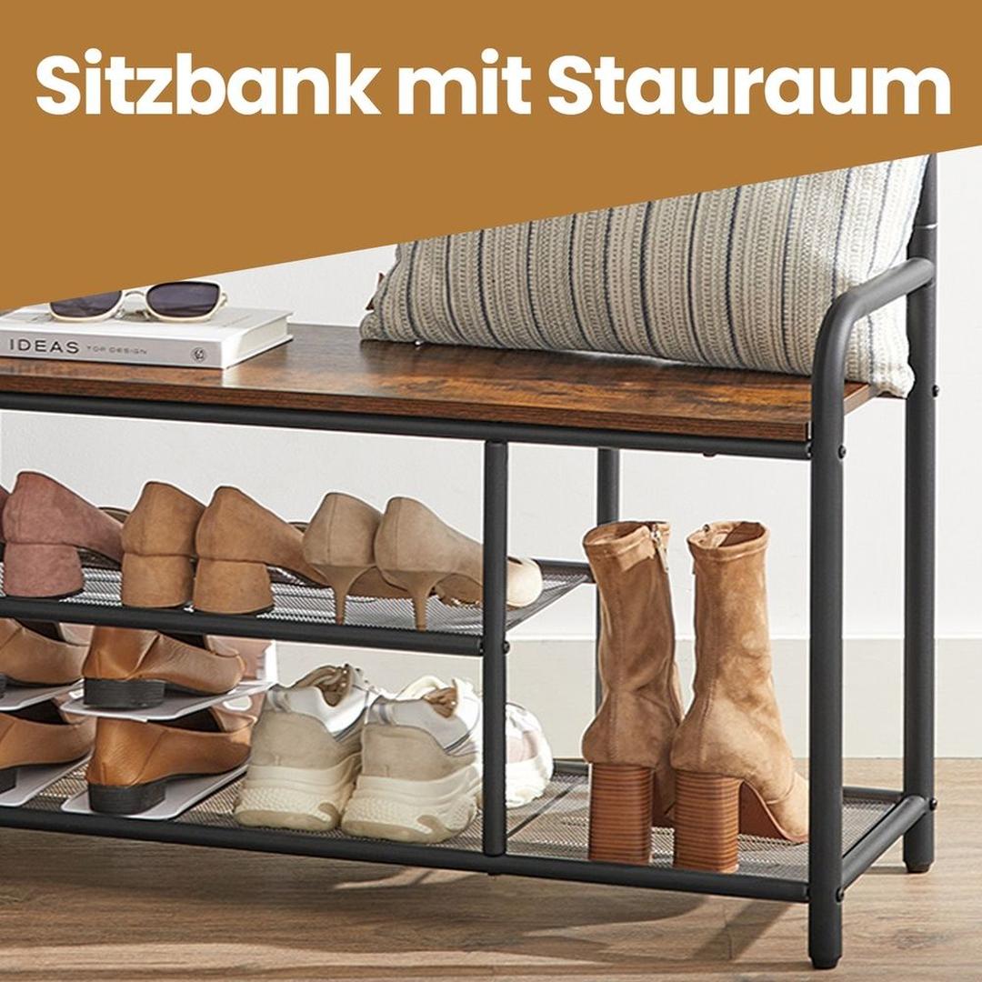 Kapstok met 9 Haken en Schoenenrek – Halmeubel met Zitbank, Opbergplateau en Metalen Frame