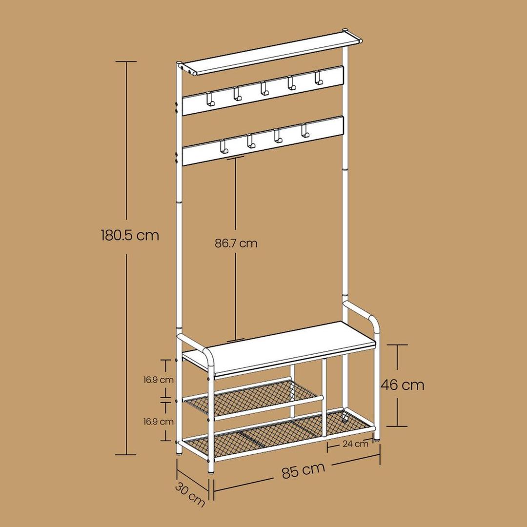 Kapstok met 9 Haken en Schoenenrek – Halmeubel met Zitbank, Opbergplateau en Metalen Frame