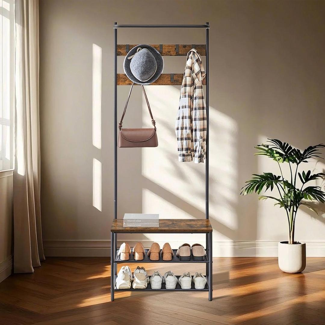 Kapstok met Schoenenbank – Vrijstaand Garderoberek met Kledingstang, 9 Haken en Legplanken