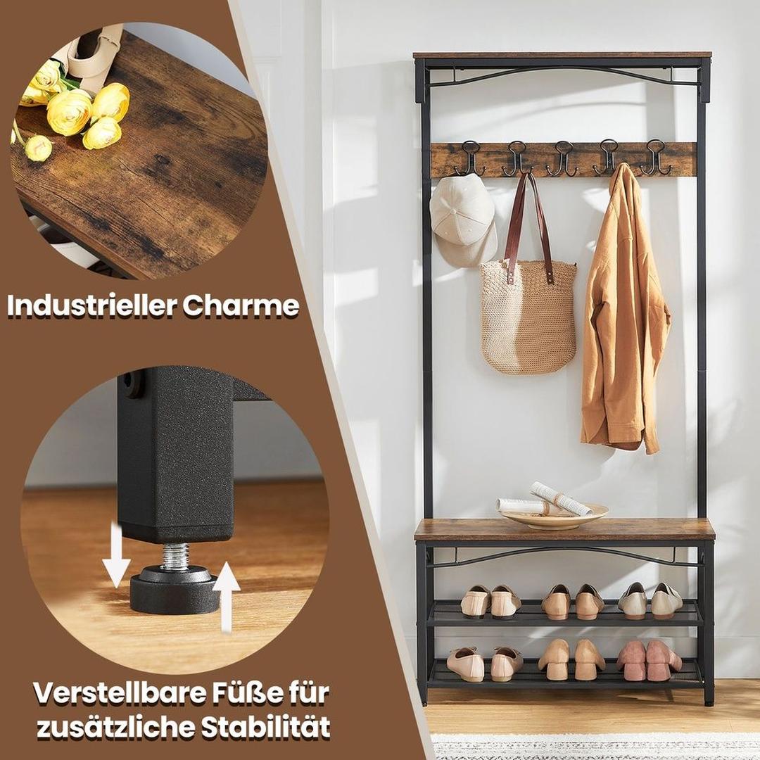 Halmeubel met Kapstok, Opbergplank en Schoenenrek – Vrijstaande Garderobe voor Entree en Gang