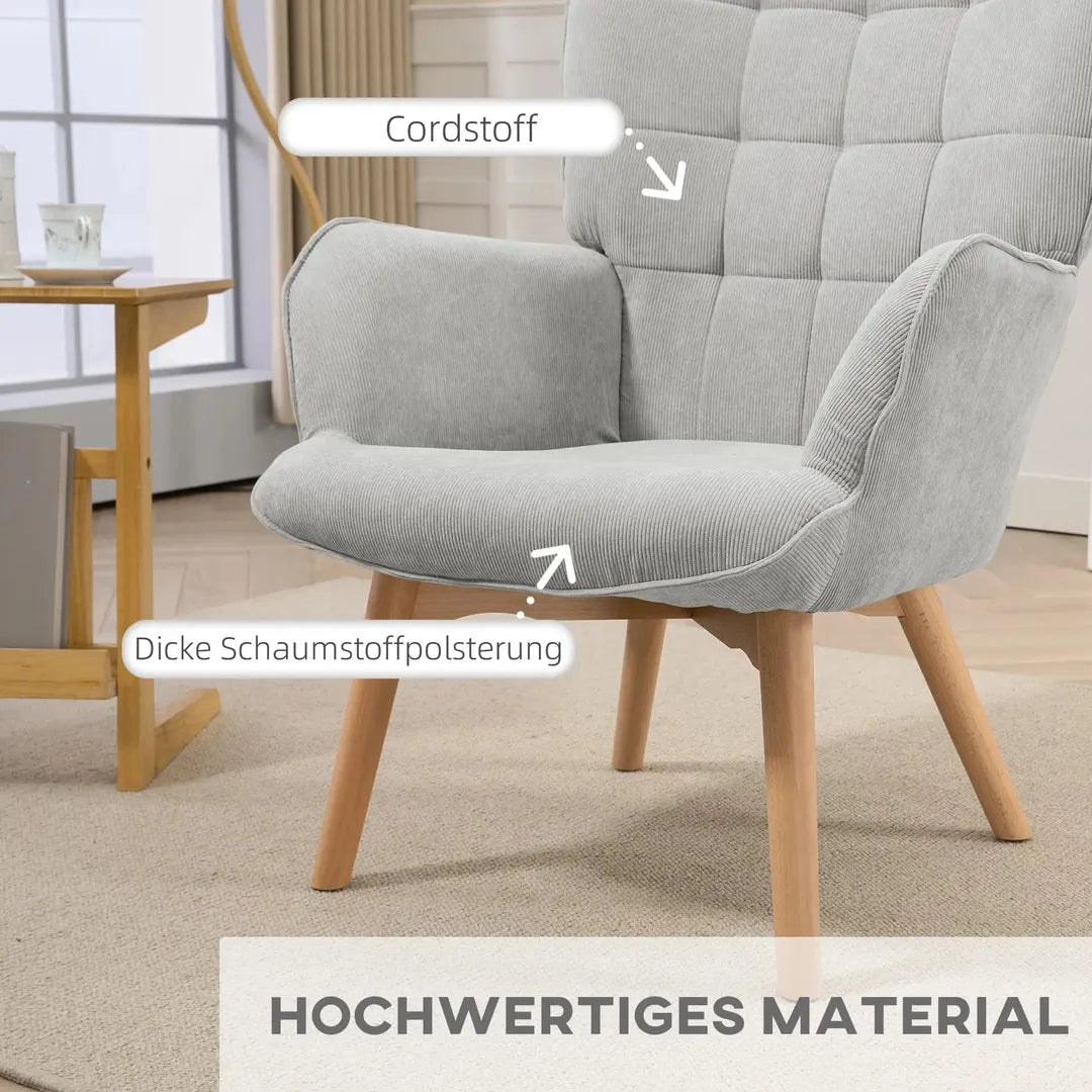 Fauteuil met Hocker – Relaxstoel in Cordstof met Armleuningen en Houten Poten, Grijs, voor Woonkamer
