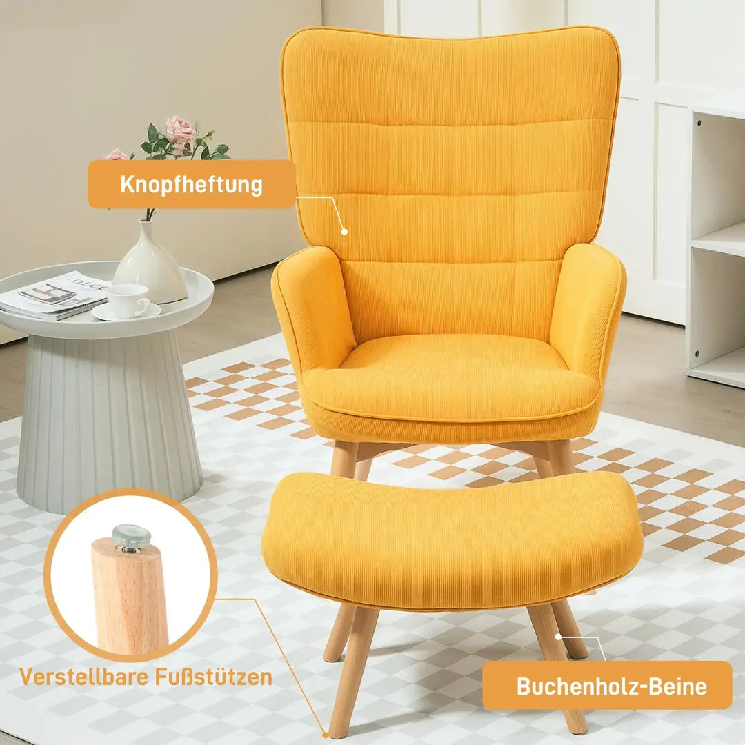 Fauteuil met Hocker – Relaxstoel in Cordstof met Armleuningen en Houten Poten, Grijs, voor Woonkamer