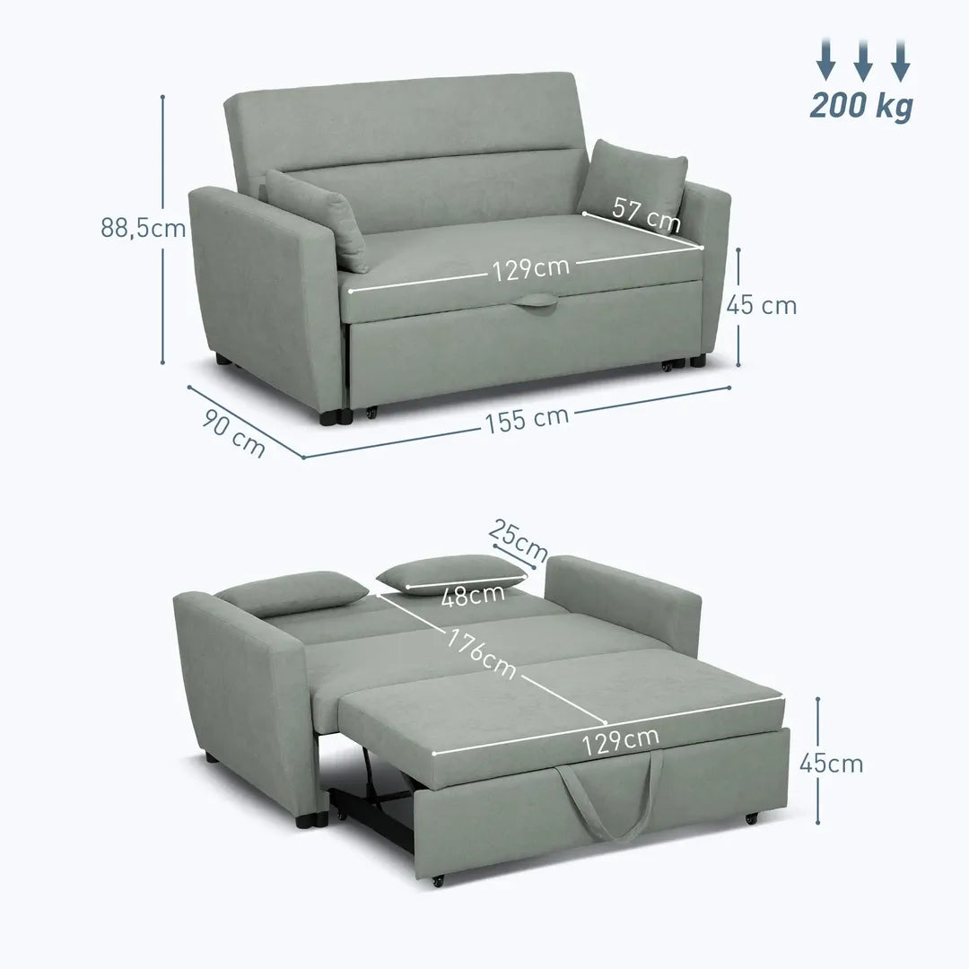 Slaapbank 2-Zits – Uitklapbaar – Houtframe – Donkergrijs – 155 × 90 × 88,5 cm – Max. 200 kg