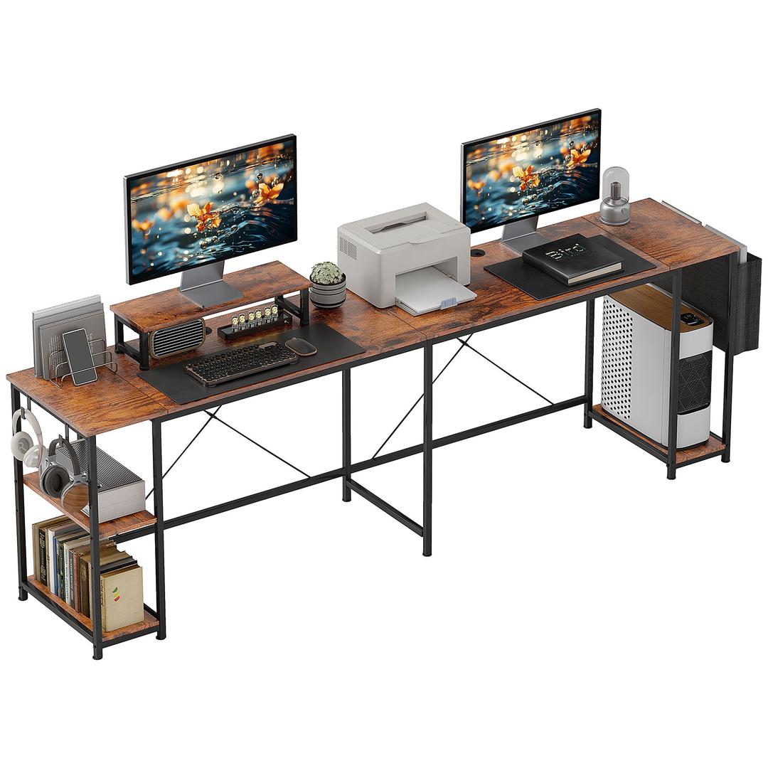 L-vormig bureau met verstelbare legplanken en monitorstand – hoekbureau met opbergtas, bruin
