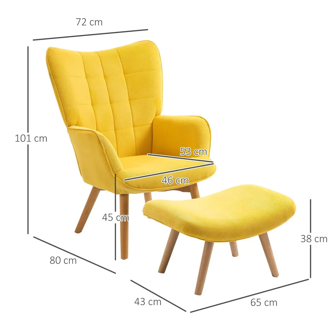 Fauteuil met Hocker – Relaxstoel in Cordstof met Armleuningen en Houten Poten, Grijs, voor Woonkamer