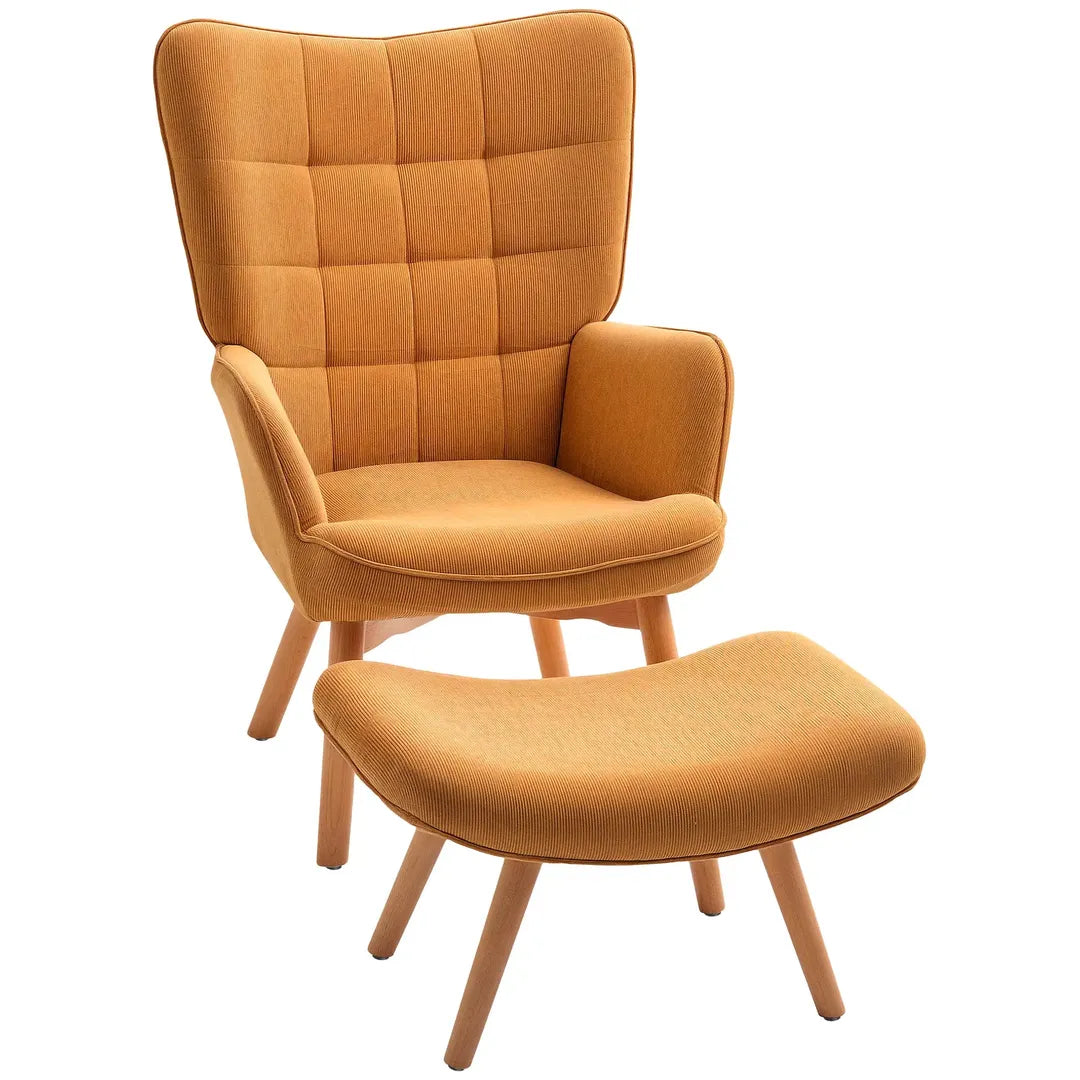 Fauteuil met Hocker – Relaxstoel in Cordstof met Armleuningen en Houten Poten, Grijs, voor Woonkamer