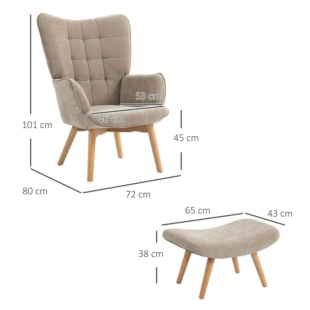 Fauteuil met Hocker – Relaxstoel in Cordstof met Armleuningen en Houten Poten, Grijs, voor Woonkamer