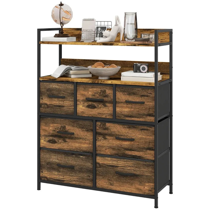 Dressoir met 7 stoffen lades en 2 open planken – Opbergkast met stalen frame – Bruin