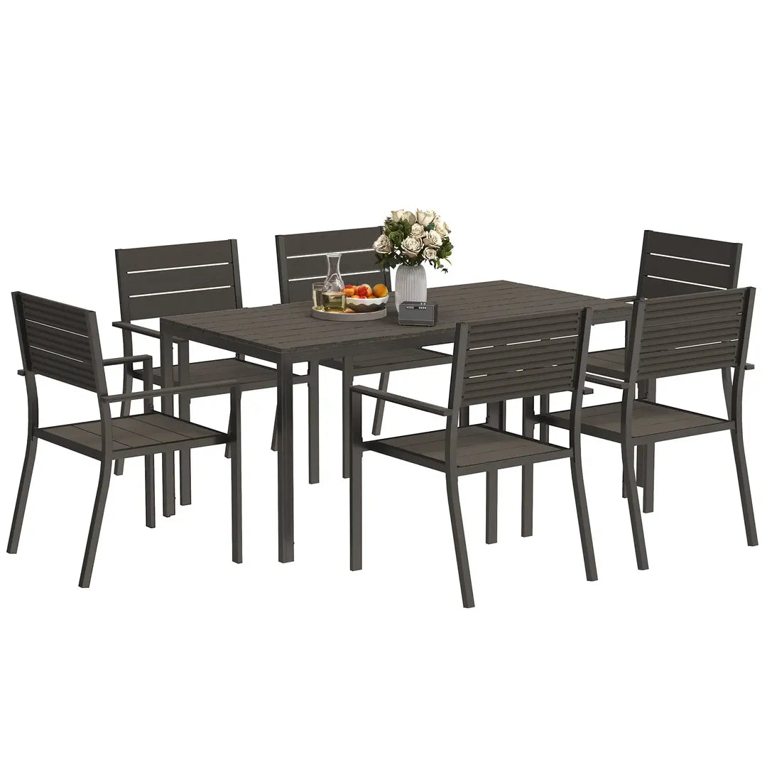 Outsunny 7-delige tuinset met 6 stapelbare stoelen en tafel 160 x 80 x 74 cm – stalen frame en HDPE blad