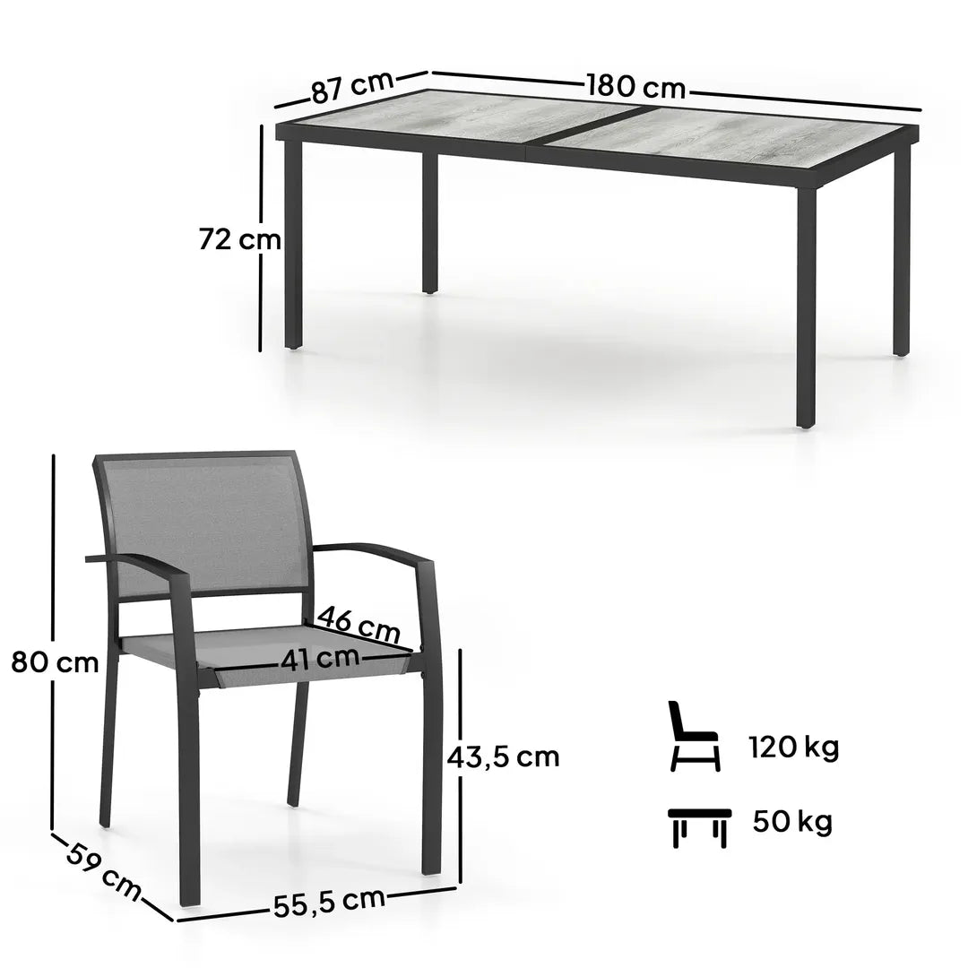 Outsunny 7-delige tuinset met 6 stapelbare stoelen en tafel 180 x 87 x 72 cm – stalen frame