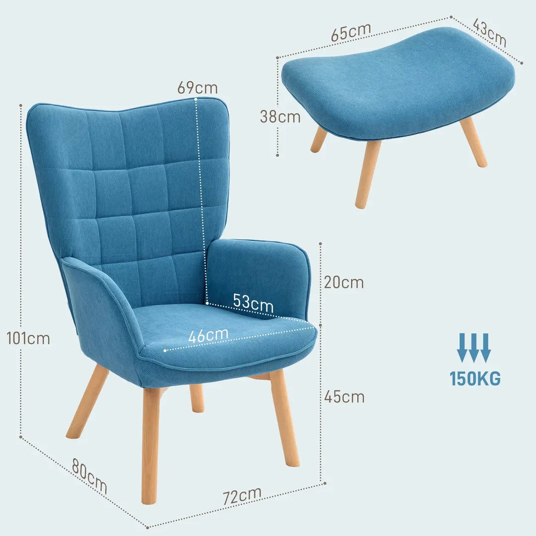 Fauteuil met Hocker – Relaxstoel in Cordstof met Armleuningen en Houten Poten, Grijs, voor Woonkamer