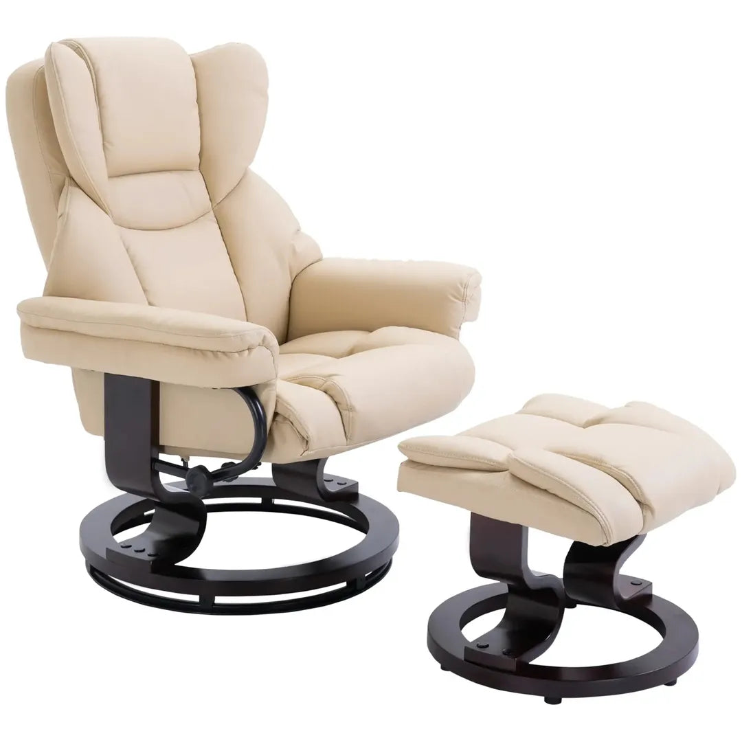 Fauteuil met Hocker – Draaibare Relaxstoel met Ligfunctie van Kunstleer en Metalen Frame, Crème, 80 x 79 x 100 cm