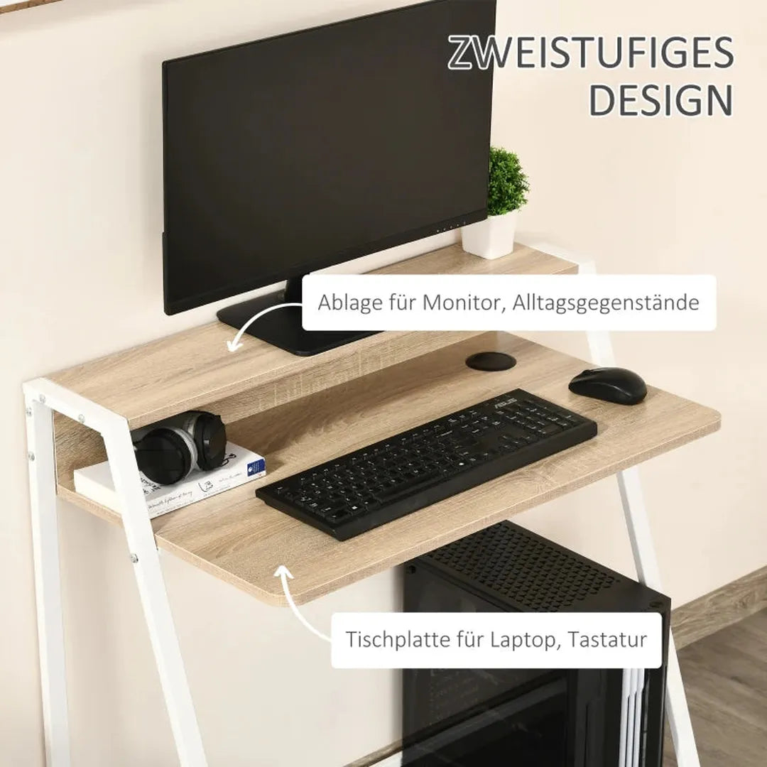 Bureau wit/eiken – computertafel met opbergvak en kabelmanagement, compact bureau met metalen frame 84x45x85 cm
