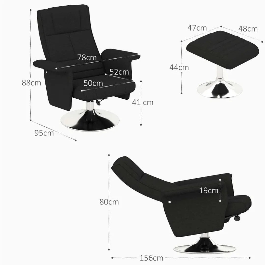 Fauteuil met Hocker – Verstelbare Rugleuning – Donkergrijs – 78 x 95 x 88 cm