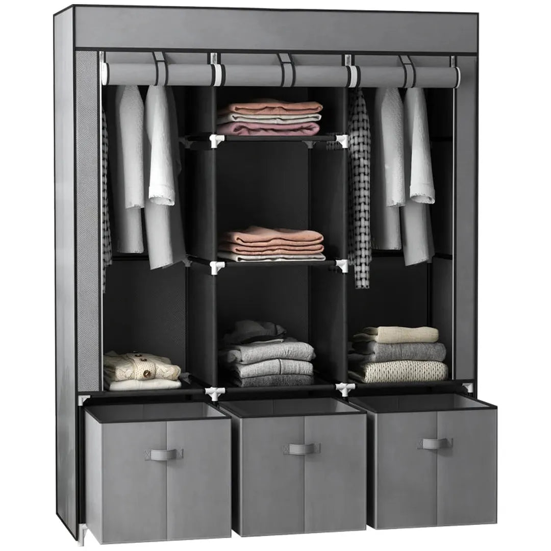 Kledingkast van stof met lades – Opvouwbaar opbergkast met 3 schuiflades – Zwart – 125x43x162,5 cm