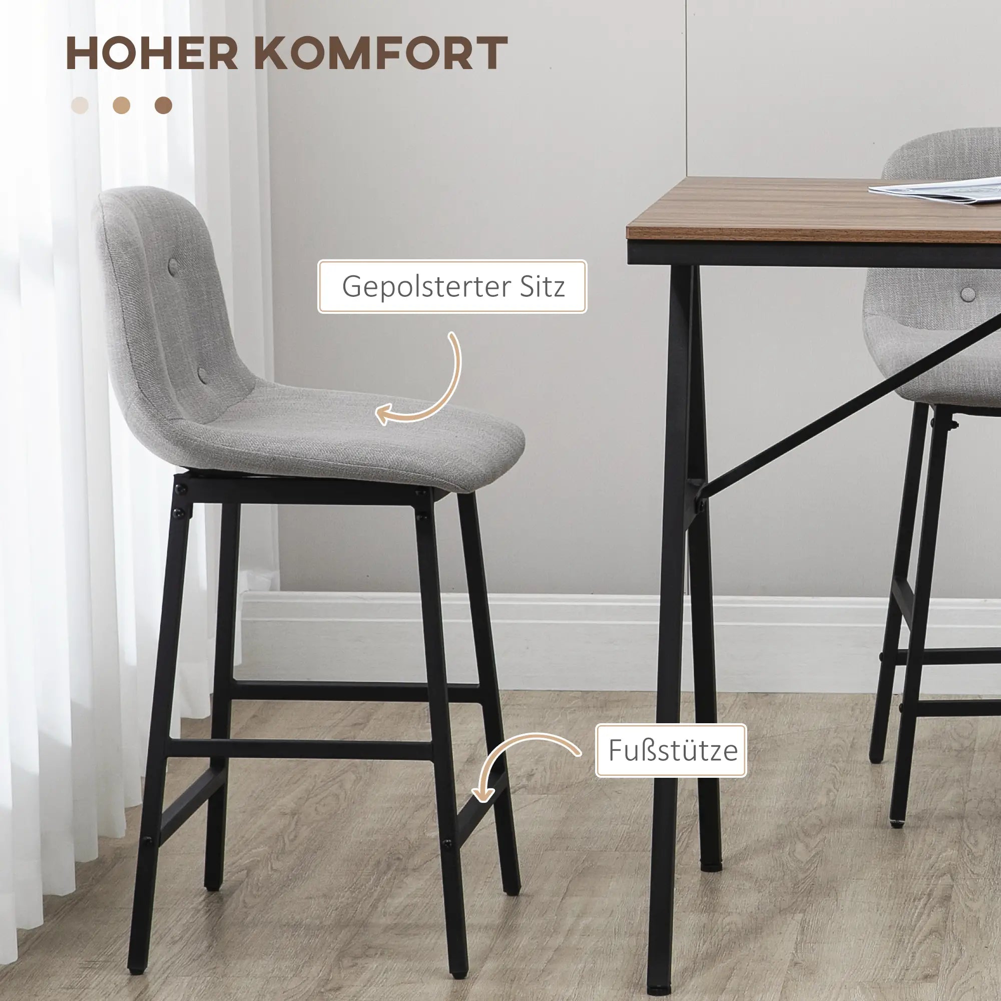 Barkrukset met Tafel – Industrieel Design, 2 Barkrukken met Stiksels, Lichtgrijs, 120 x 60 x 91 cm