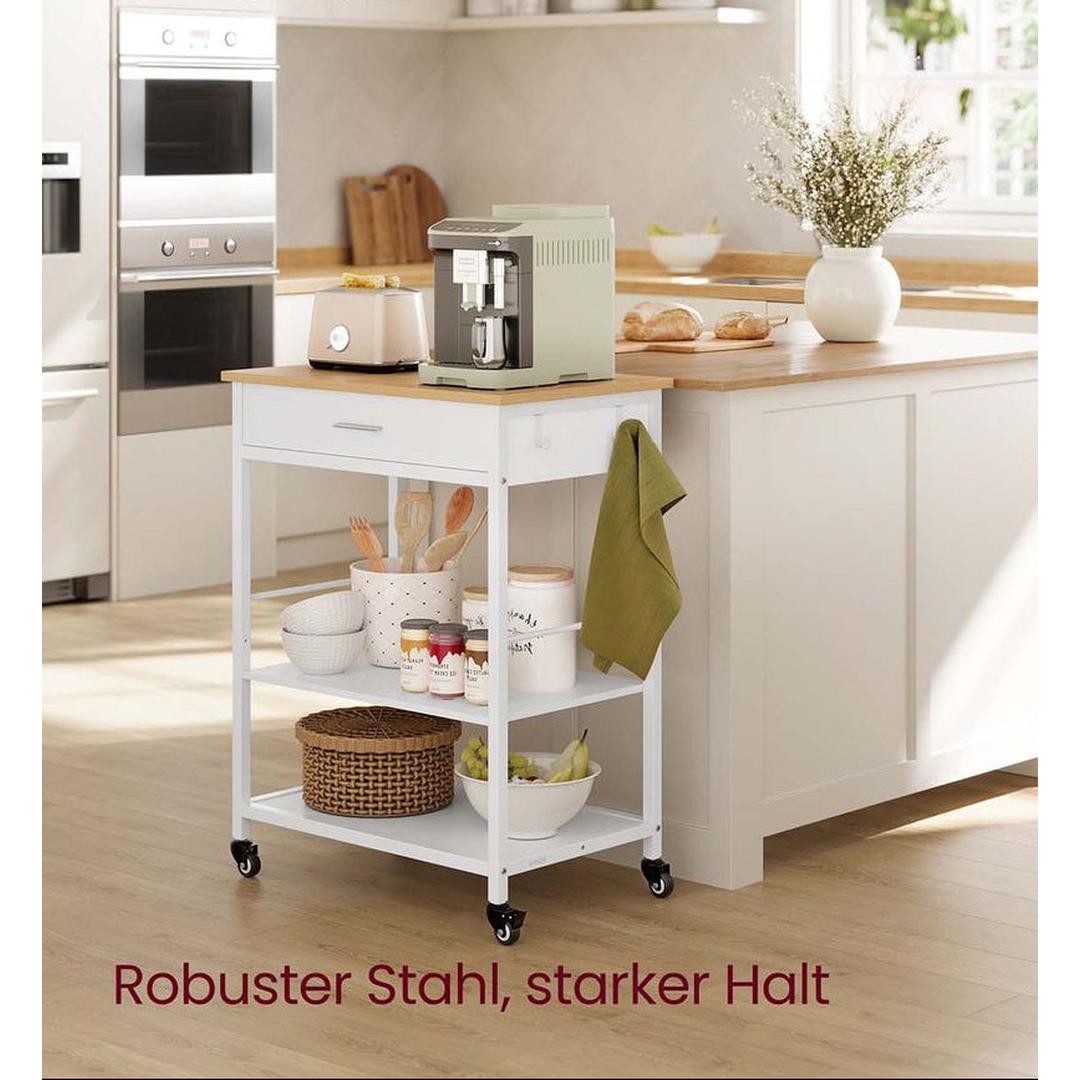 Keukentrolley met lade en legplanken – verrijdbaar en vergrendelbaar, eiken/wit, modern design
