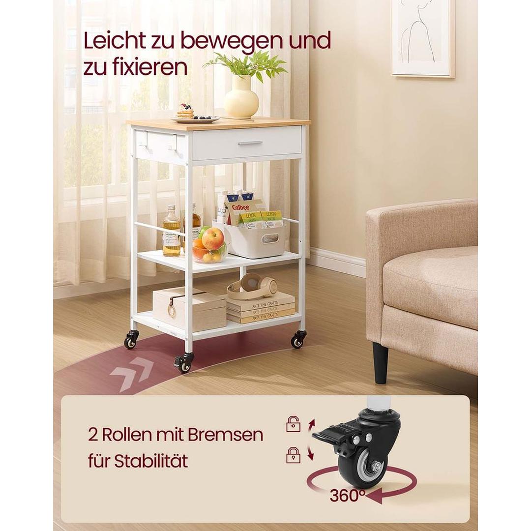 Keukentrolley met lade en legplanken – verrijdbaar en vergrendelbaar, eiken/wit, modern design