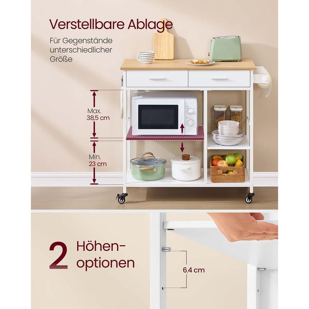 Keukentrolley met lade en legplanken – verrijdbaar en vergrendelbaar, eiken/wit, modern design
