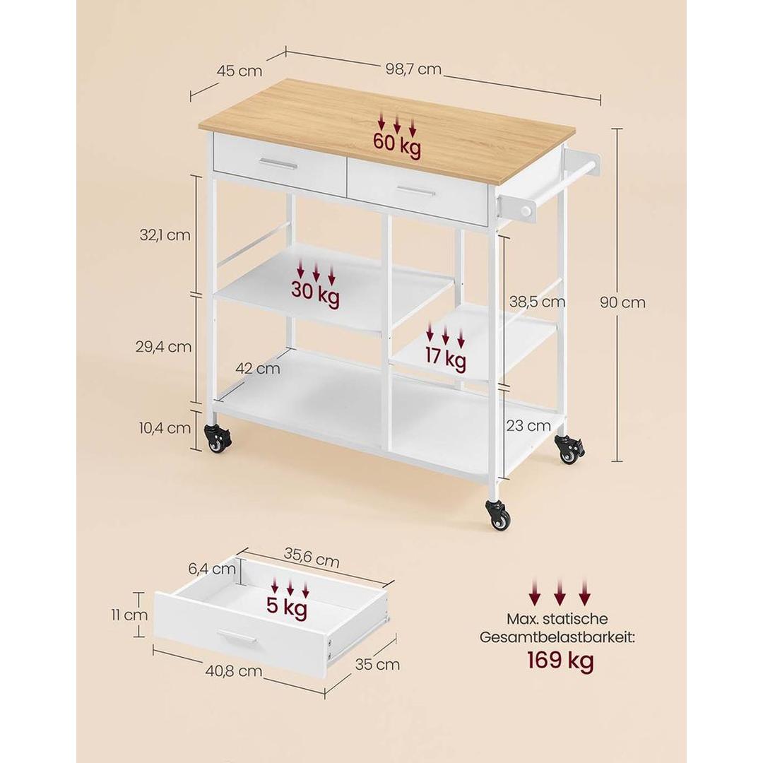 Keukentrolley met lade en legplanken – verrijdbaar en vergrendelbaar, eiken/wit, modern design