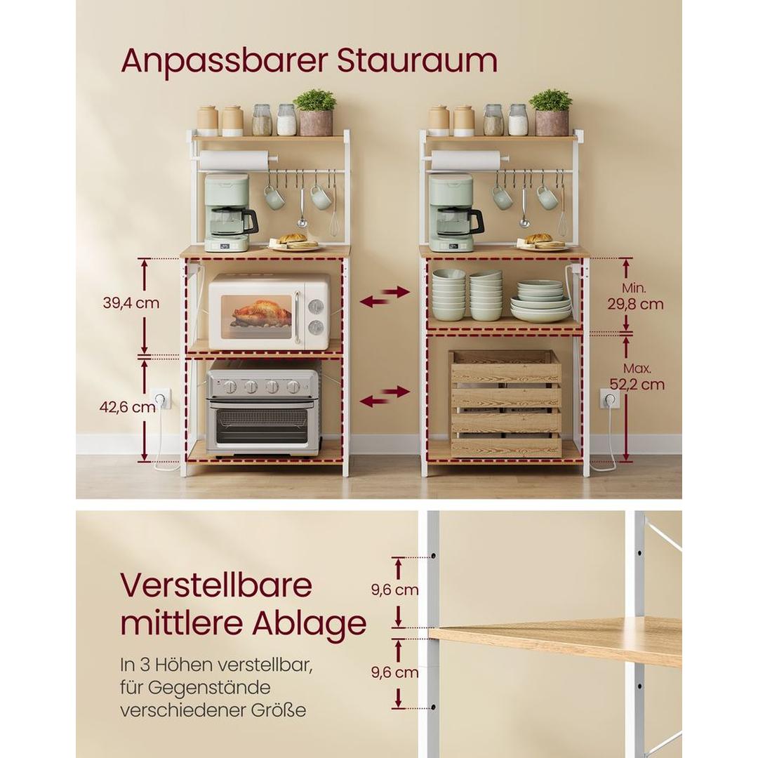 Keukenrek met Stopcontact en Verstelbare Planken – Magnetronrek van Staal en Spaanplaat in Vintagebruin-Zwart