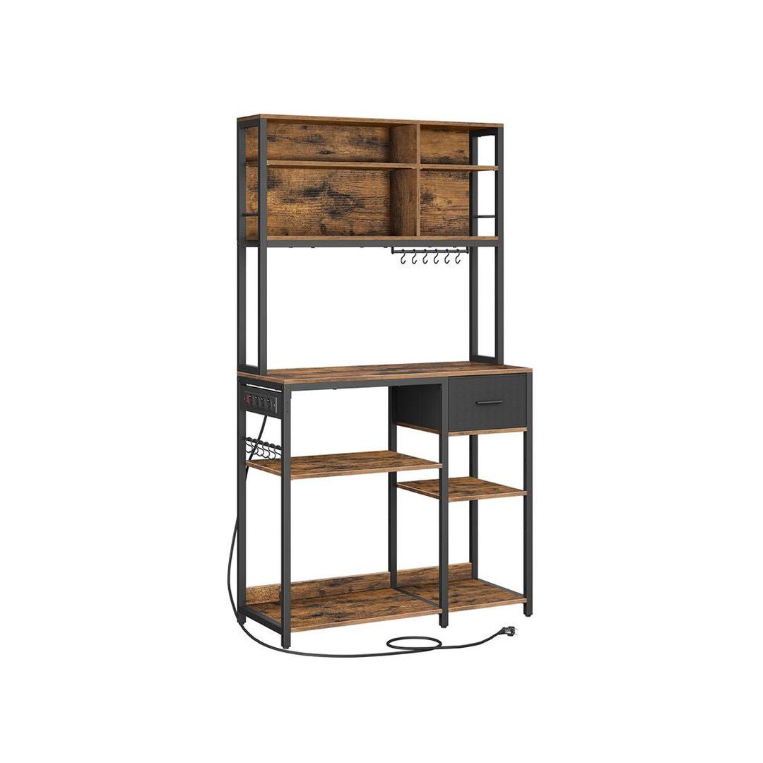 Keukenrek met Stopcontacten en Stoffen Lade – Opbergrek met Werkblad, Verstelbare Legplanken en Ophangstangen